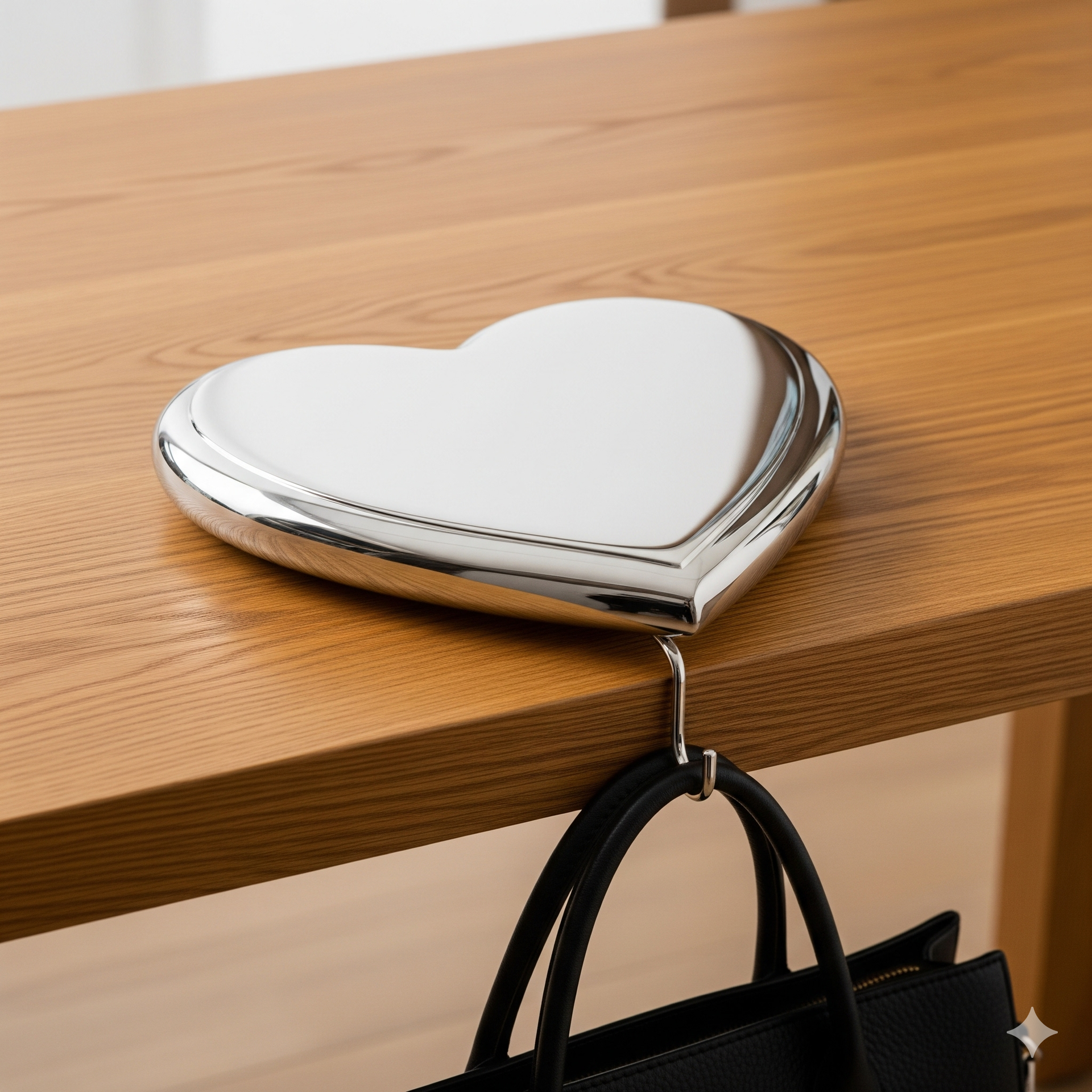 accroche sac à main en argent en forme de coeur poser sur la table pour soutenir le sac à main