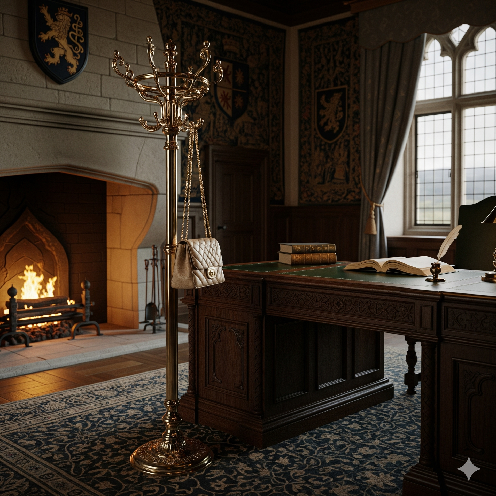 Un porte sac à main sur pied à coté du bureau 